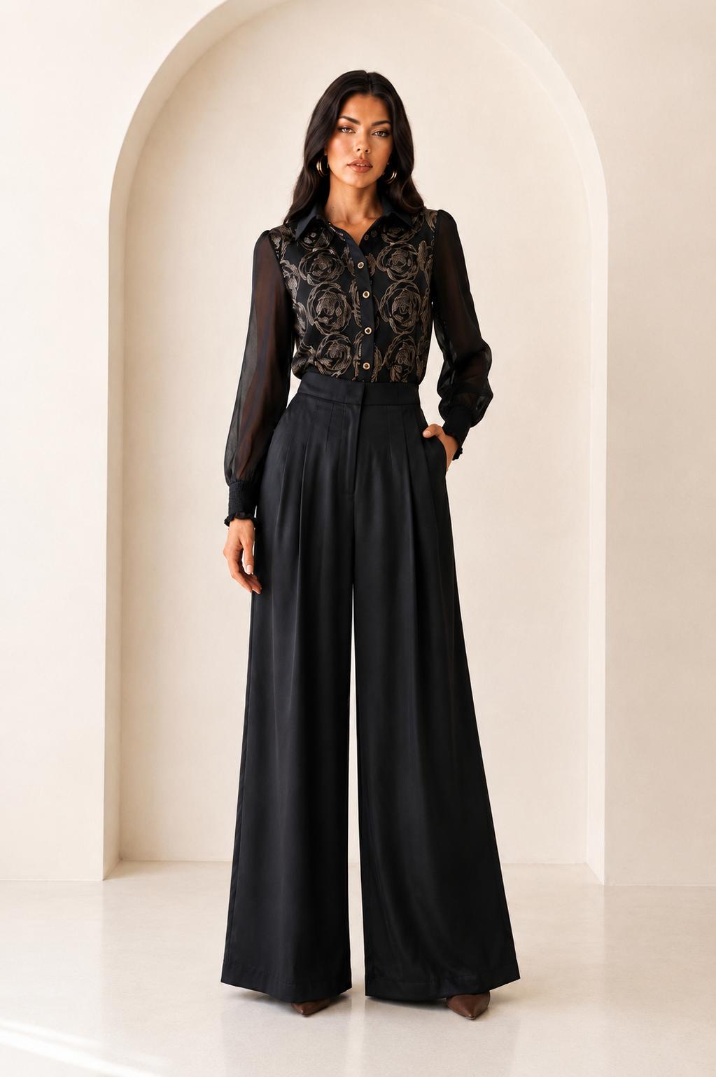 Embroidered Wide-Leg Pants Set