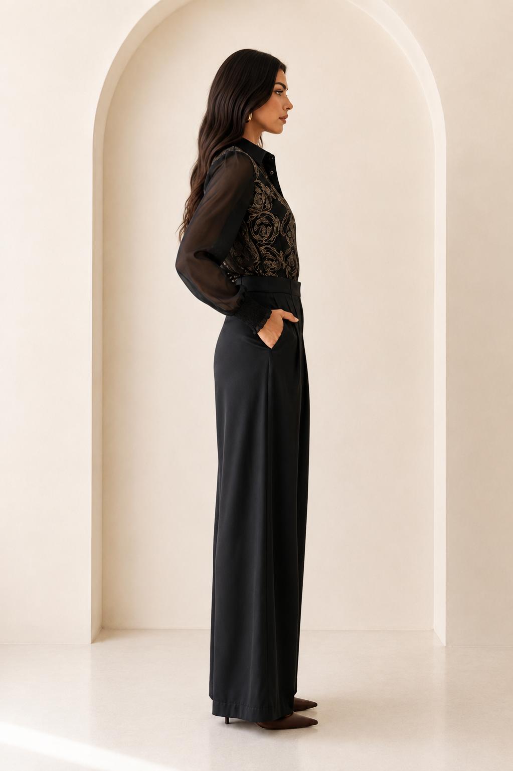 Embroidered Wide-Leg Pants Set