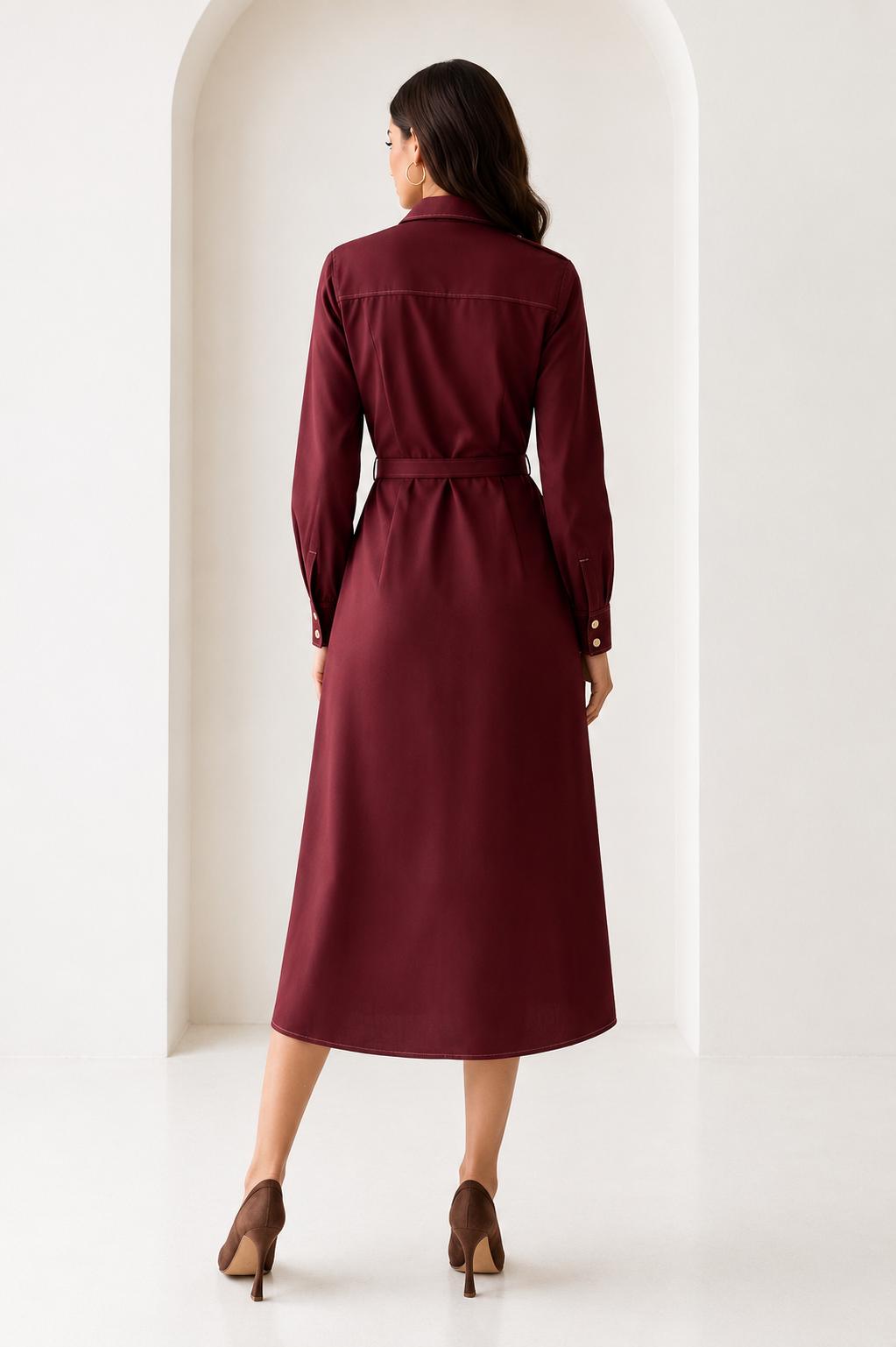 Shoulder Detail Belted Midi Dress