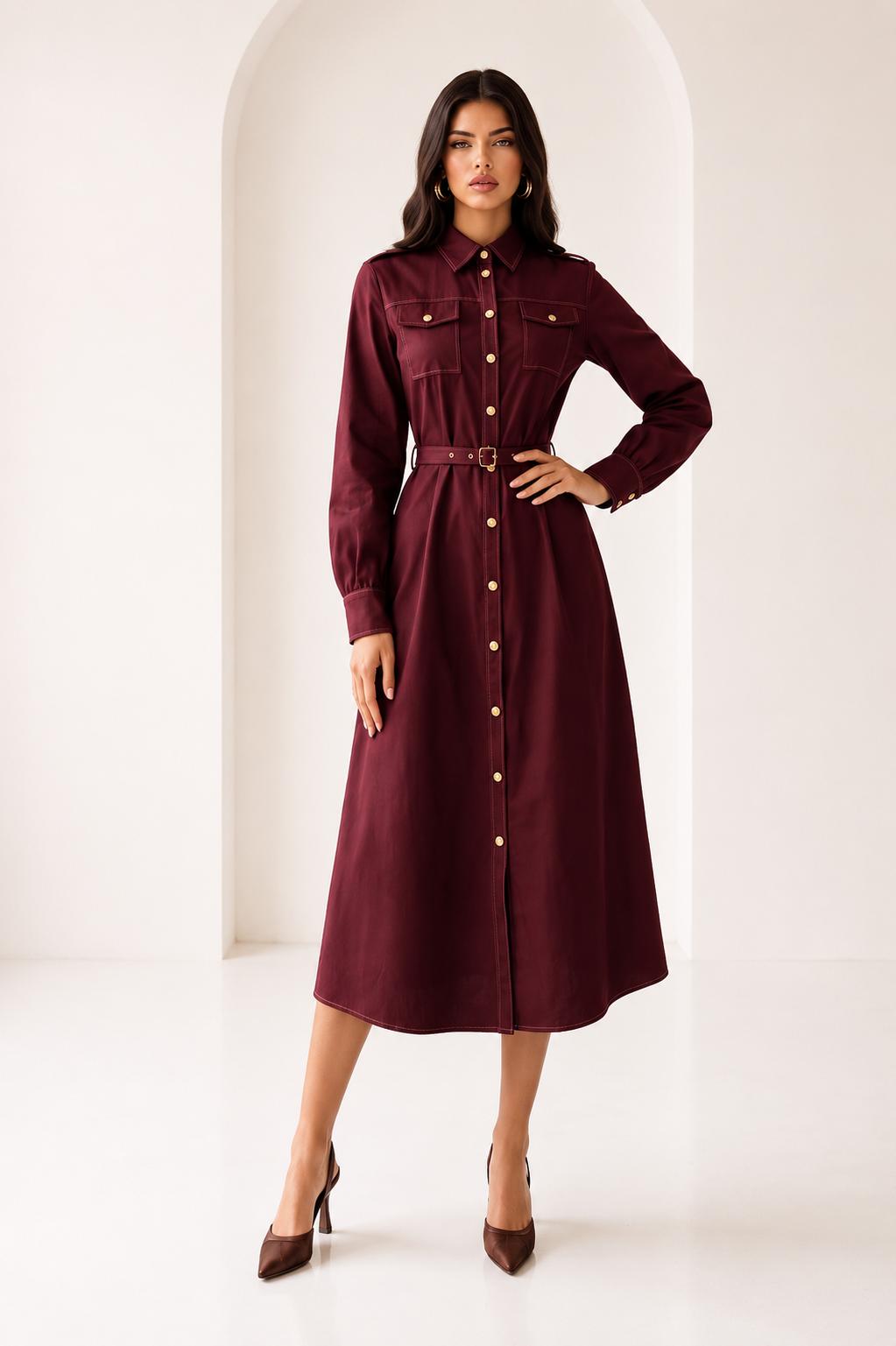 Shoulder Detail Belted Midi Dress