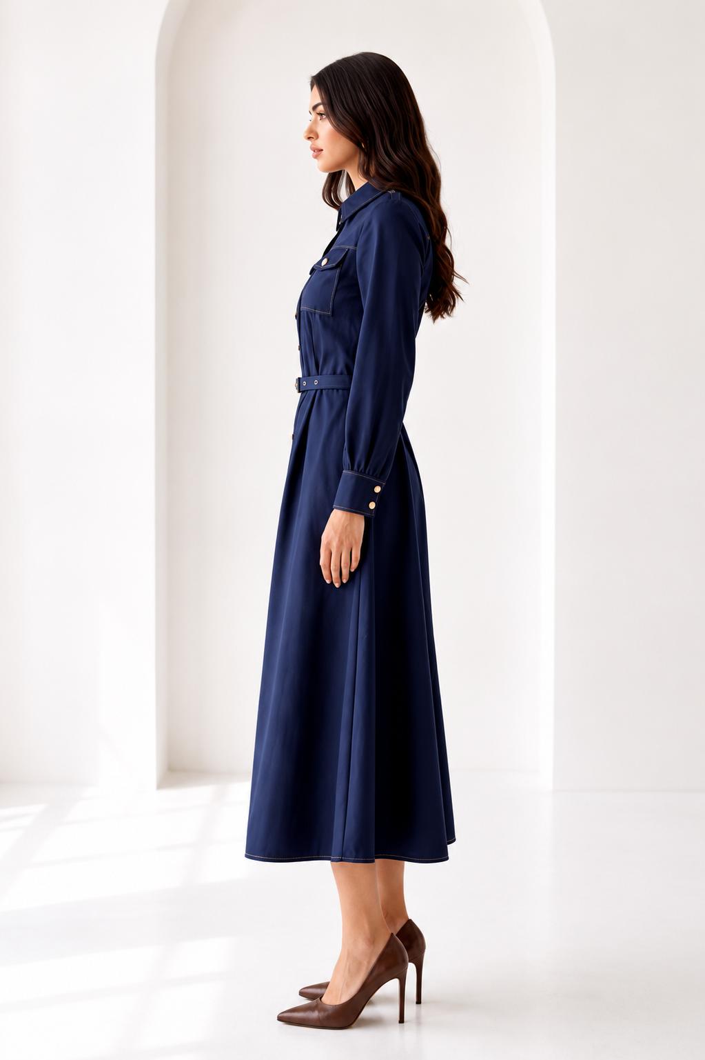 Shoulder Detail Belted Midi Dress
