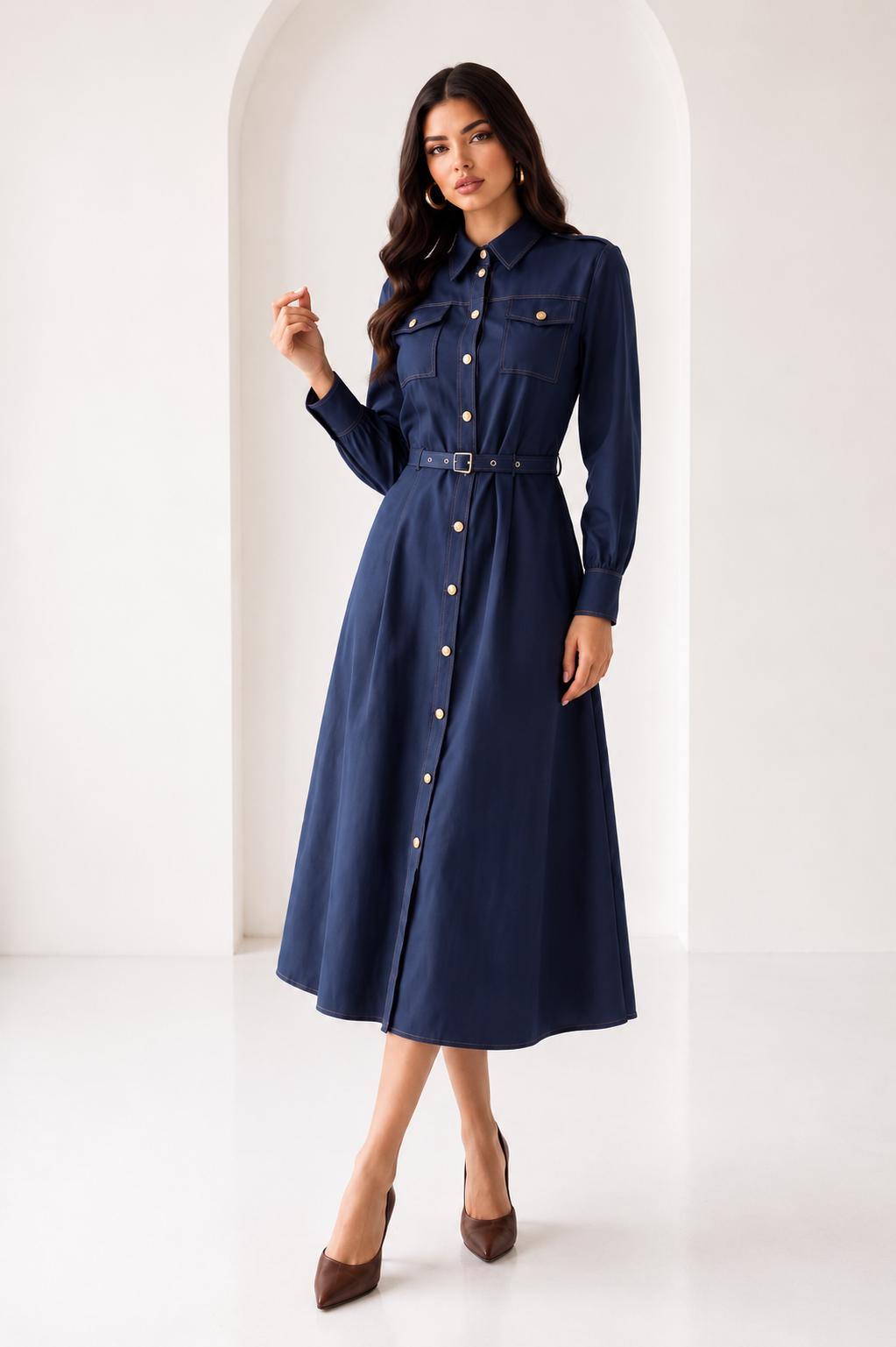 Shoulder Detail Belted Midi Dress