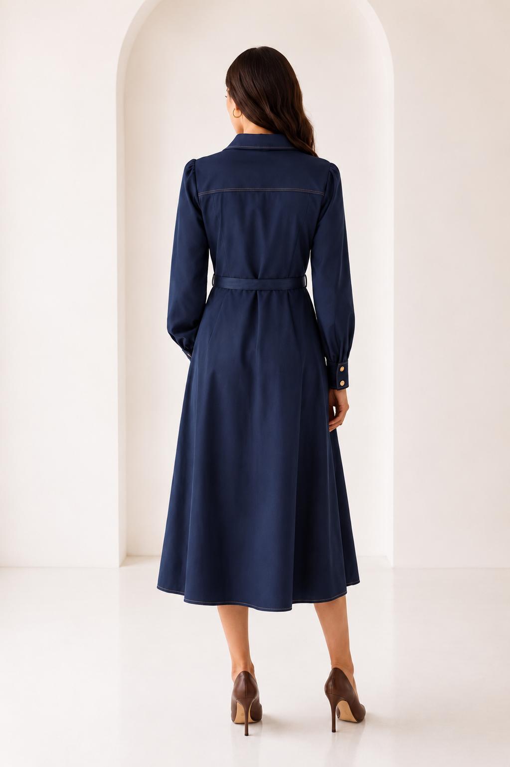 Shoulder Detail Belted Midi Dress