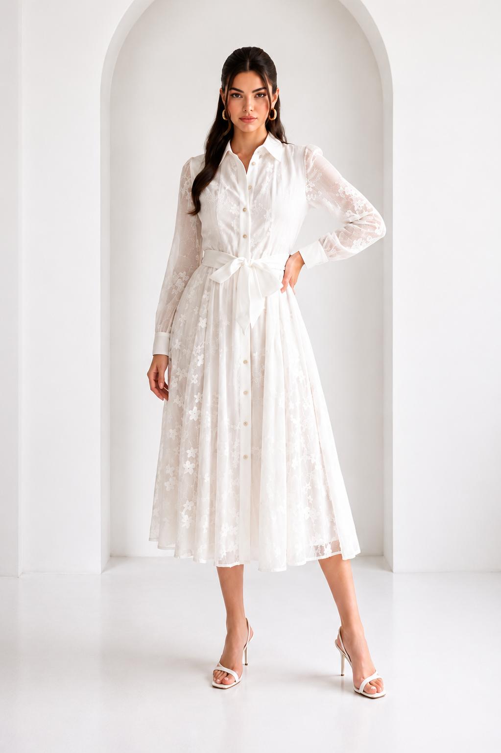 Floral Lace Belted Midi Dress