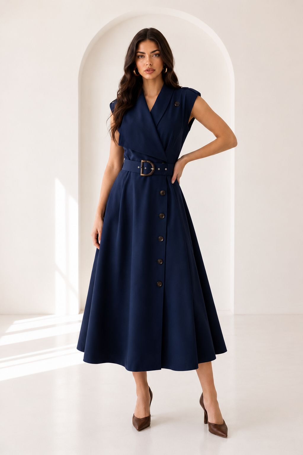 Drop Shoulder Belted Midi Dress