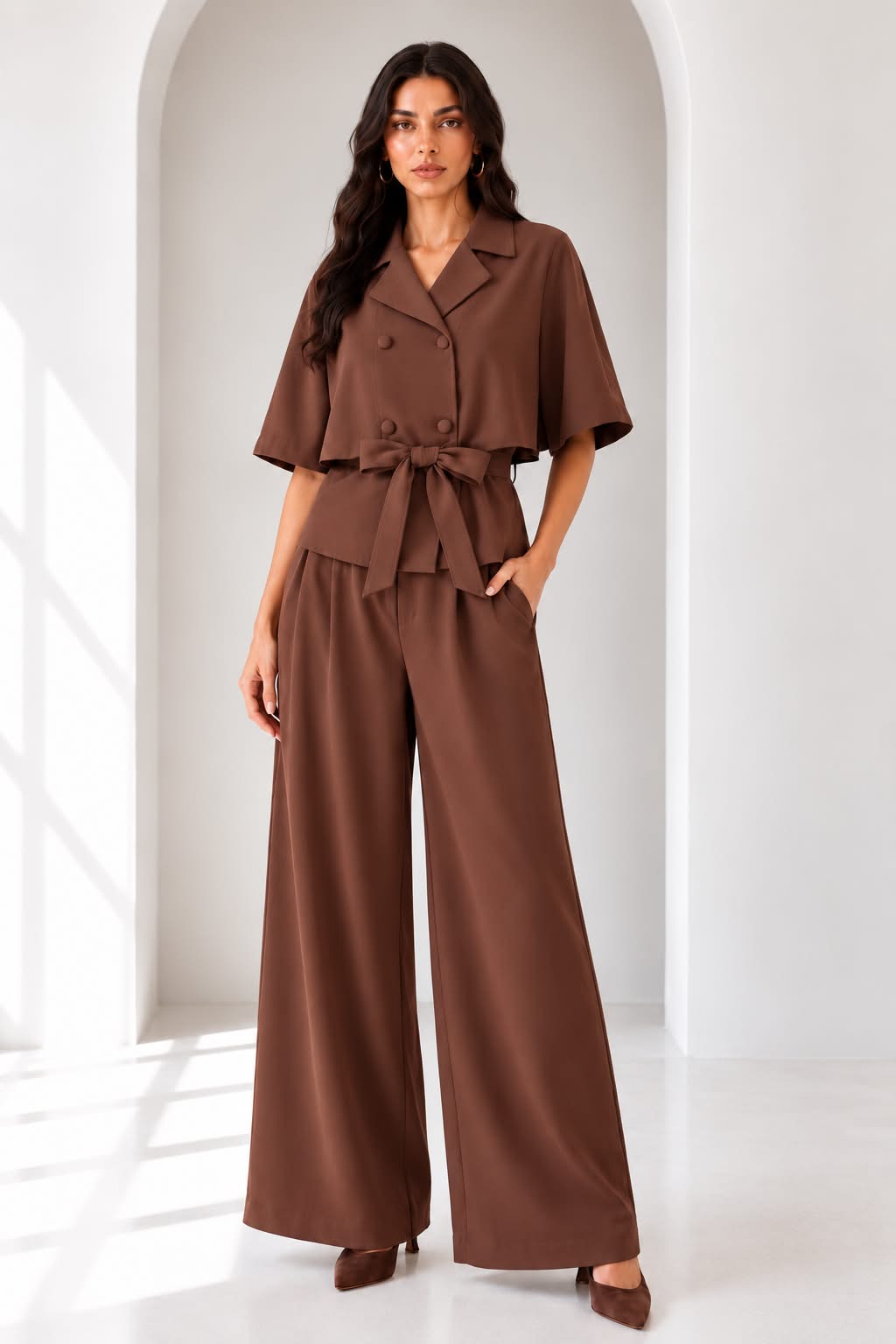 Belted Button-Down Poncho Pants Set